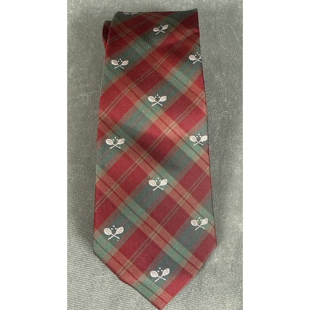 Paul‎ Stuart NY Silk Tie Made in Japan Red Tartan Plaid Tennis Rackets Hand Made